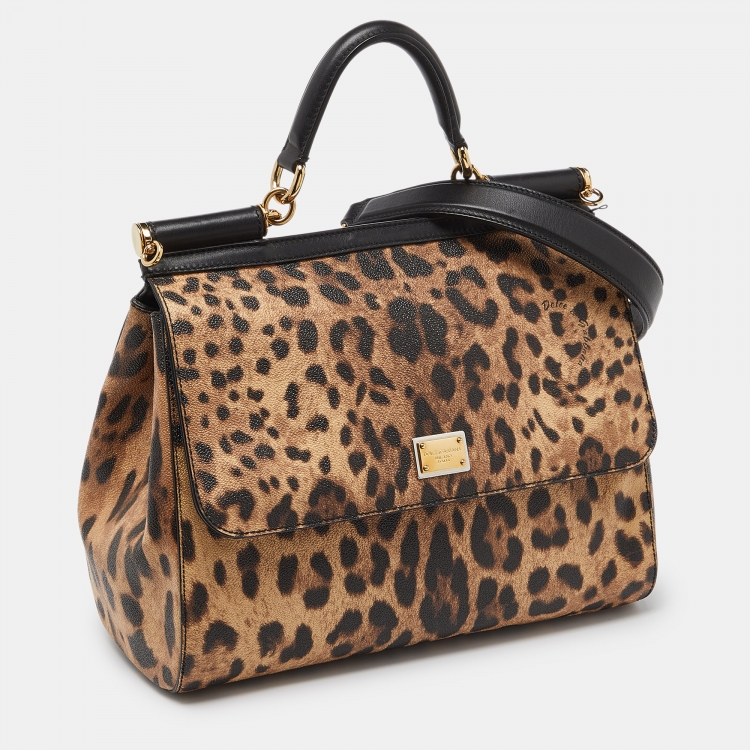 Pre Owned Dolce & Gabbana Black/Brown Leopard Print Coated Canvas and Leather Medium Miss Sicily Top Handle Bag