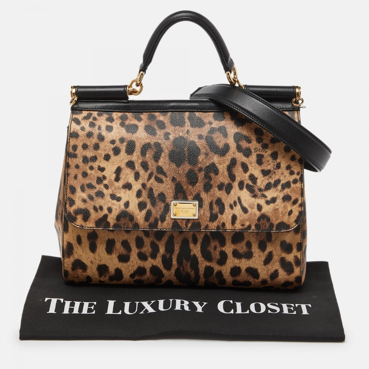 Pre Owned Dolce & Gabbana Black/Brown Leopard Print Coated Canvas and Leather Medium Miss Sicily Top Handle Bag