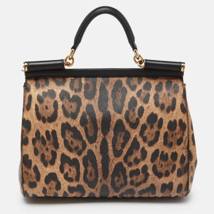 Pre Owned Dolce & Gabbana Black/Brown Leopard Print Coated Canvas and Leather Medium Miss Sicily Top Handle Bag