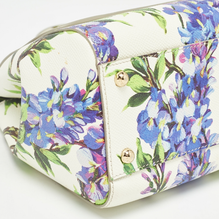 Pre Owned Dolce & Gabbana Off White Printed Leather Medium Miss Sicily Top Handle Bag
