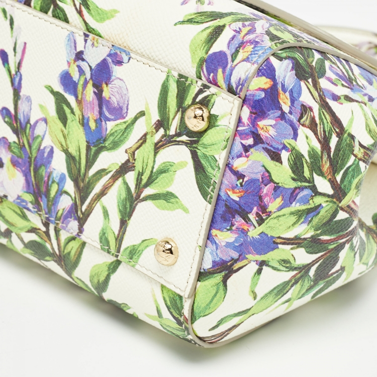 Pre Owned Dolce & Gabbana Off White Printed Leather Medium Miss Sicily Top Handle Bag