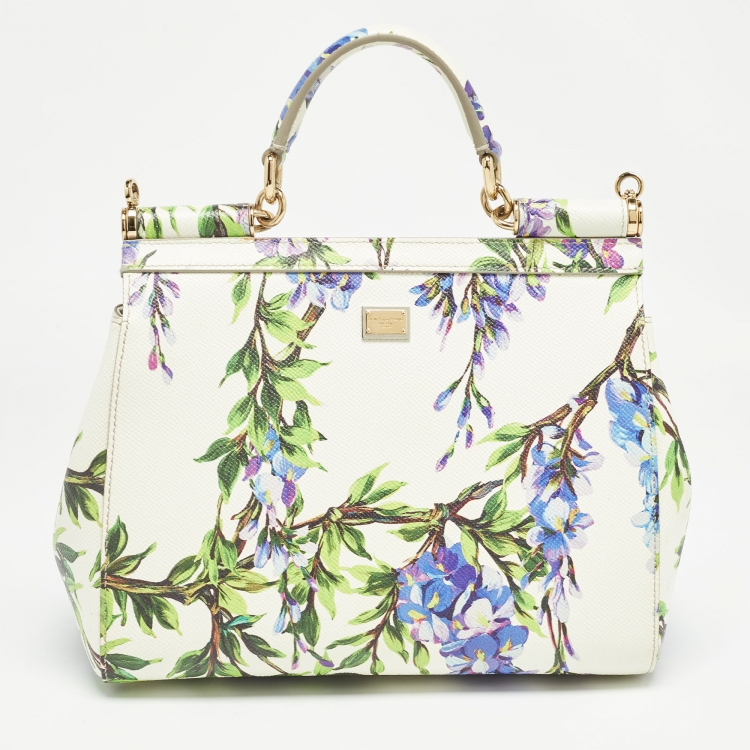 Pre Owned Dolce & Gabbana Off White Printed Leather Medium Miss Sicily Top Handle Bag