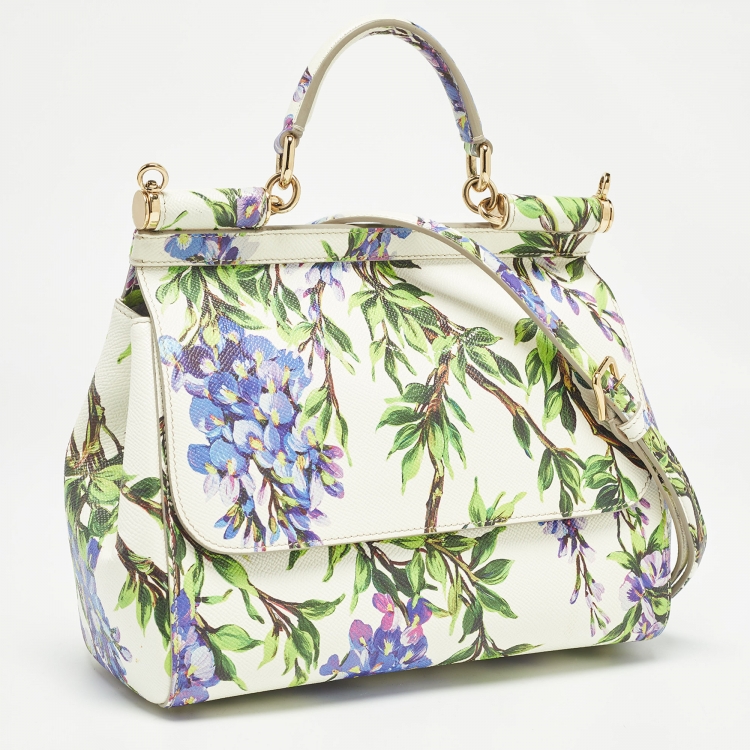 Pre Owned Dolce & Gabbana Off White Printed Leather Medium Miss Sicily Top Handle Bag