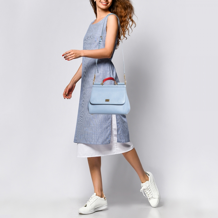 Pre Owned Dolce & Gabbana Light Blue Leather Medium Miss Sicily Embellished Top Handle Bag