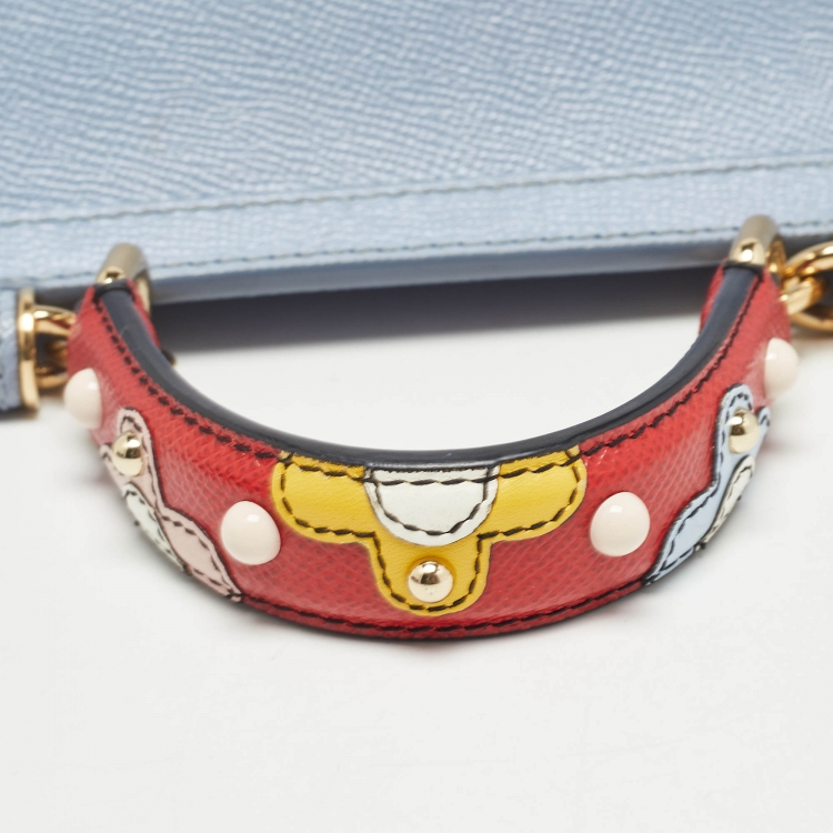 Pre Owned Dolce & Gabbana Light Blue Leather Medium Miss Sicily Embellished Top Handle Bag