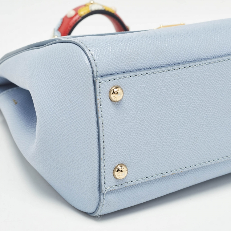Pre Owned Dolce & Gabbana Light Blue Leather Medium Miss Sicily Embellished Top Handle Bag
