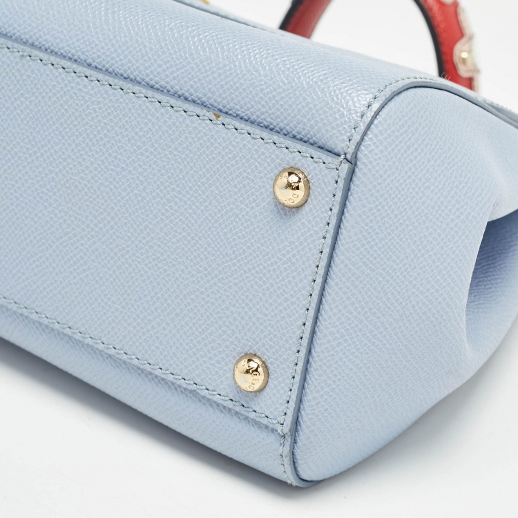 Pre Owned Dolce & Gabbana Light Blue Leather Medium Miss Sicily Embellished Top Handle Bag