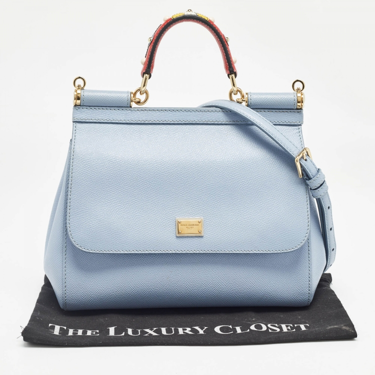 Pre Owned Dolce & Gabbana Light Blue Leather Medium Miss Sicily Embellished Top Handle Bag