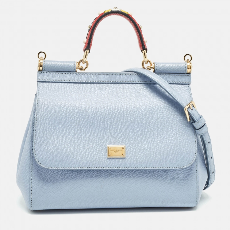 Pre Owned Dolce & Gabbana Light Blue Leather Medium Miss Sicily Embellished Top Handle Bag