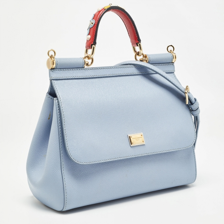 Pre Owned Dolce & Gabbana Light Blue Leather Medium Miss Sicily Embellished Top Handle Bag