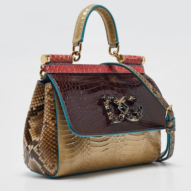 Pre Owned Dolce & Gabbana Multicolor Crocodile and Python Limited Edition Small Miss Sicily Top Handle Bag