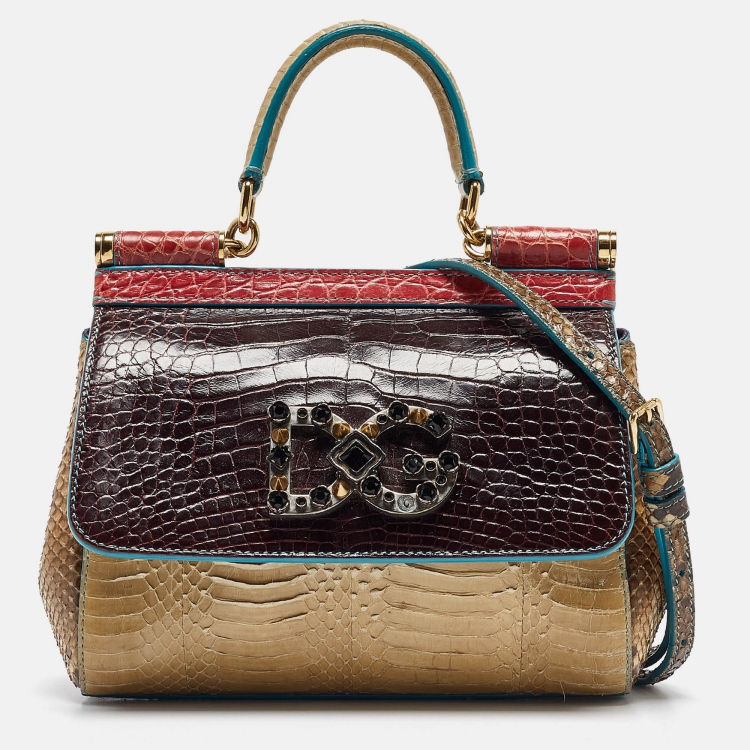 Pre Owned Dolce & Gabbana Multicolor Crocodile and Python Limited Edition Small Miss Sicily Top Handle Bag