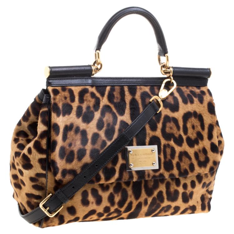 Pre Owned Dolce and Gabbana Leopard Print Calfhair Large Miss Sicily Top Handle Bag