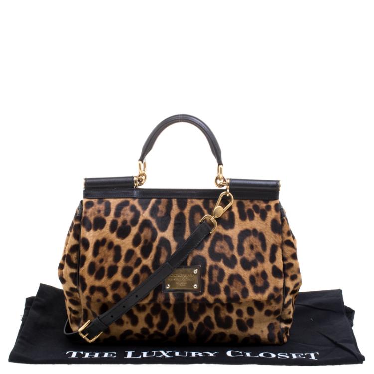 Pre Owned Dolce and Gabbana Leopard Print Calfhair Large Miss Sicily Top Handle Bag