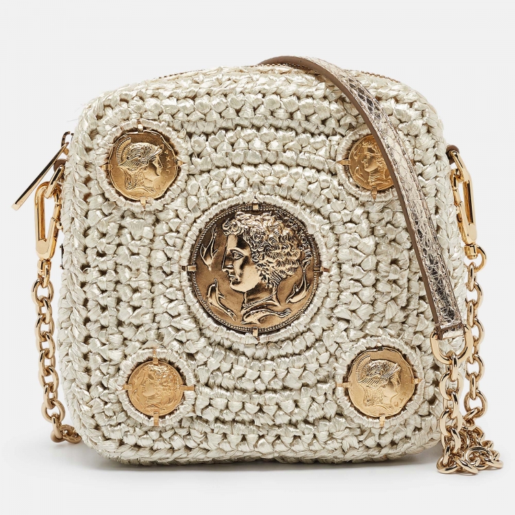 Pre Owned Dolce & Gabbana Beige/Gold Woven Raffia Coin Patch Crossbody Bag