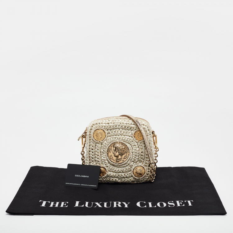 Pre Owned Dolce & Gabbana Beige/Gold Woven Raffia Coin Patch Crossbody Bag
