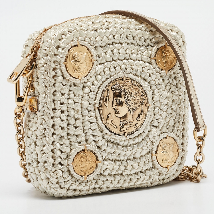 Pre Owned Dolce & Gabbana Beige/Gold Woven Raffia Coin Patch Crossbody Bag