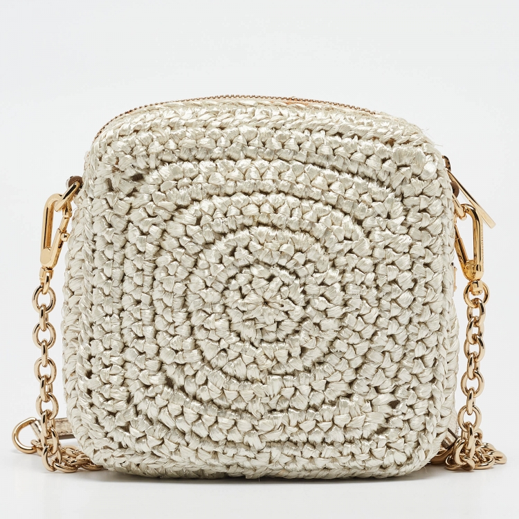 Pre Owned Dolce & Gabbana Beige/Gold Woven Raffia Coin Patch Crossbody Bag