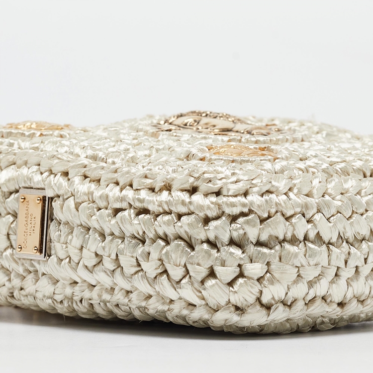 Pre Owned Dolce & Gabbana Beige/Gold Woven Raffia Coin Patch Crossbody Bag