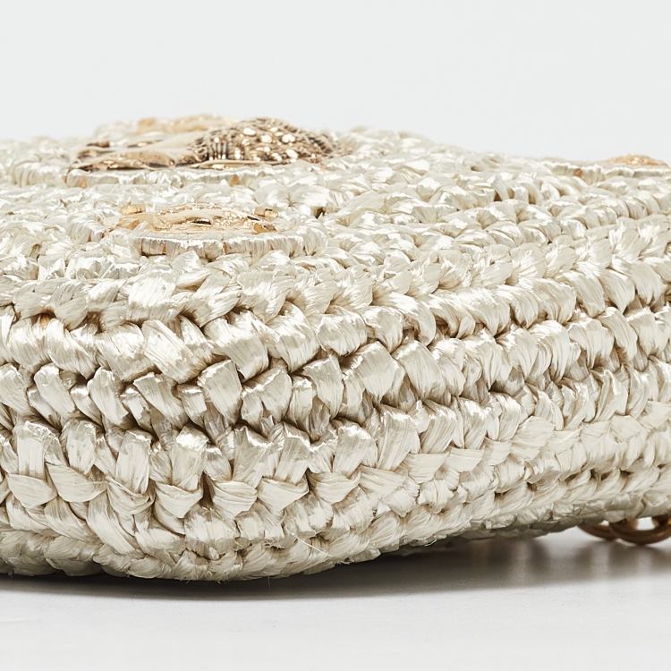 Pre Owned Dolce & Gabbana Beige/Gold Woven Raffia Coin Patch Crossbody Bag