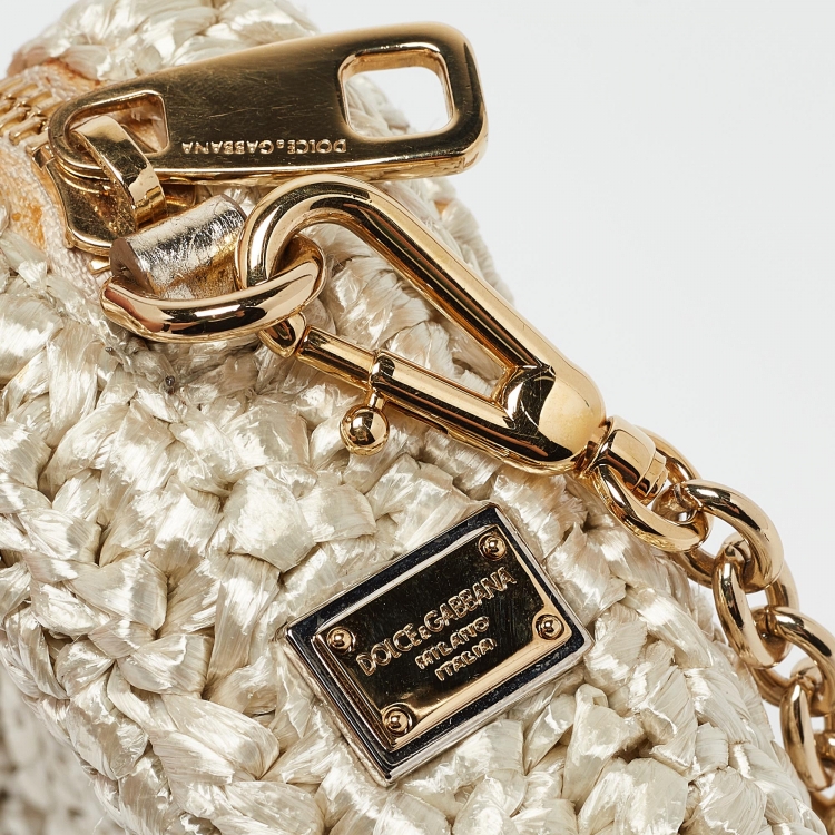 Pre Owned Dolce & Gabbana Beige/Gold Woven Raffia Coin Patch Crossbody Bag