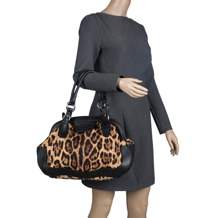 Pre Owned Dolce and Gabbana Black Leopard Print Fabric and Leather Satchel