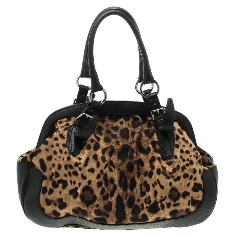 Pre Owned Dolce and Gabbana Black Leopard Print Fabric and Leather Satchel