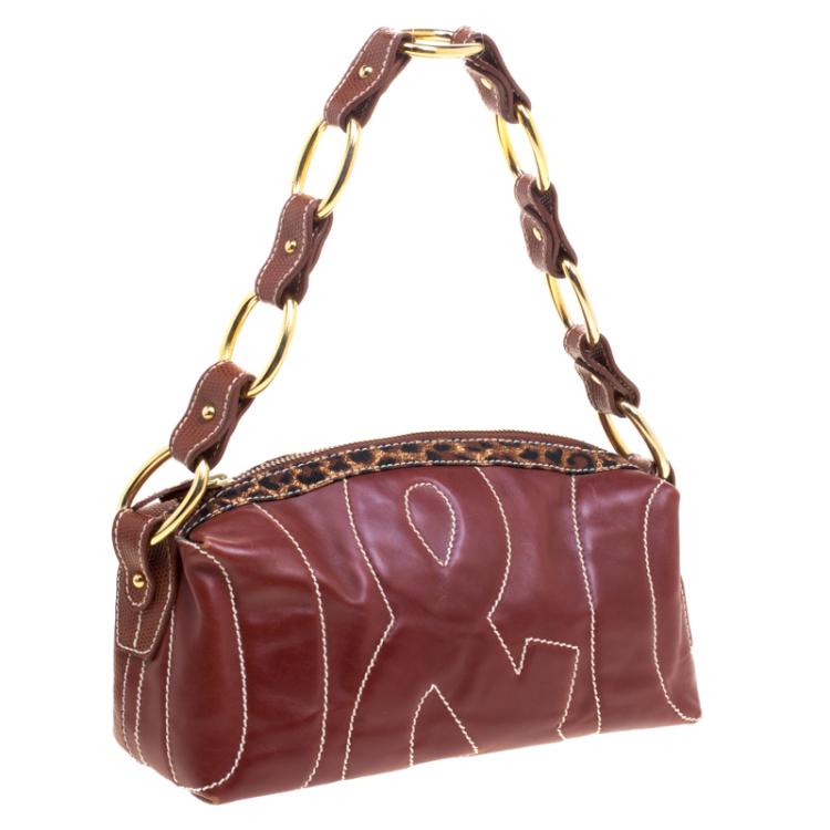Pre Owned Dolce and Gabbana Brown Lizard Embossed and Leather Shoulder Bag