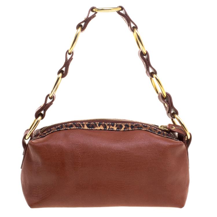 Pre Owned Dolce and Gabbana Brown Lizard Embossed and Leather Shoulder Bag
