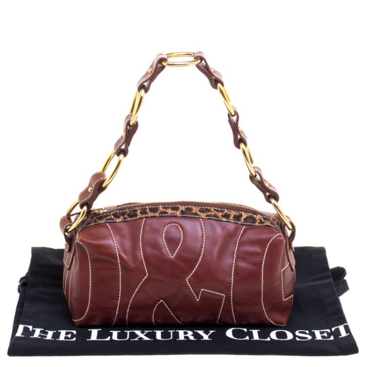 Pre Owned Dolce and Gabbana Brown Lizard Embossed and Leather Shoulder Bag