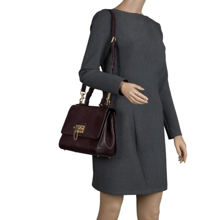 Pre Owned Dolce and Gabbana Dark Burgundy Lizard Embossed Leather Medium Miss Monica Top Handle Bag