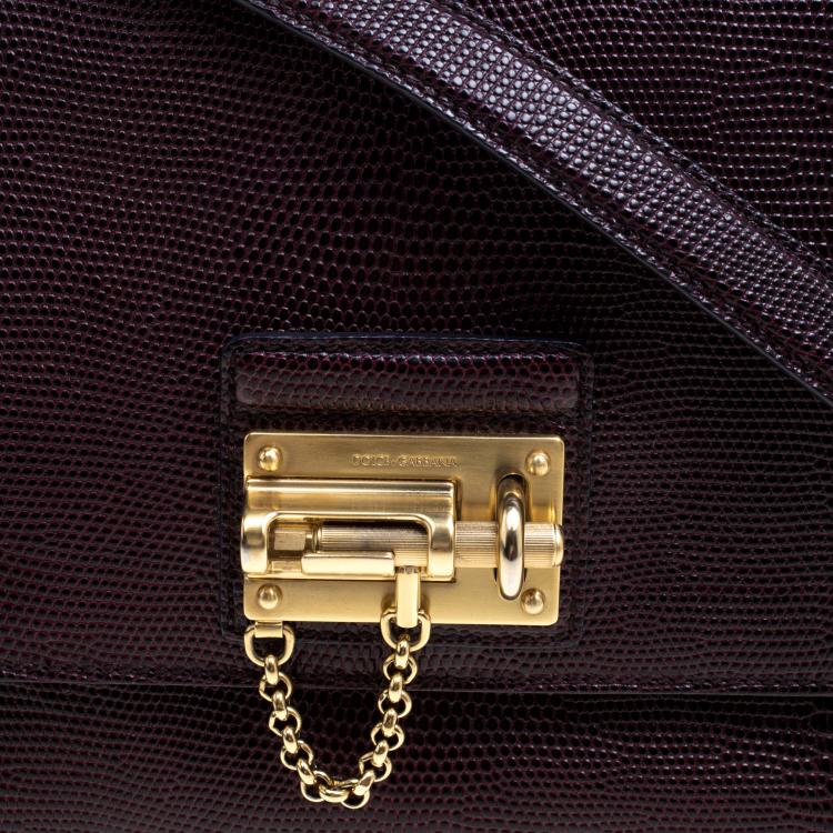 Pre Owned Dolce and Gabbana Dark Burgundy Lizard Embossed Leather Medium Miss Monica Top Handle Bag