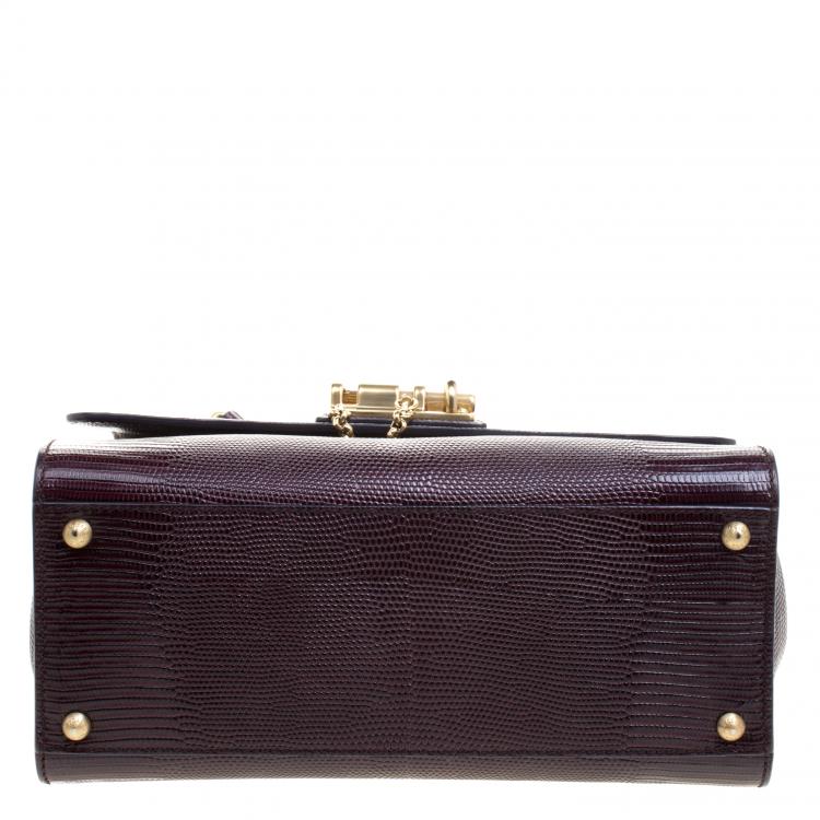 Pre Owned Dolce and Gabbana Dark Burgundy Lizard Embossed Leather Medium Miss Monica Top Handle Bag