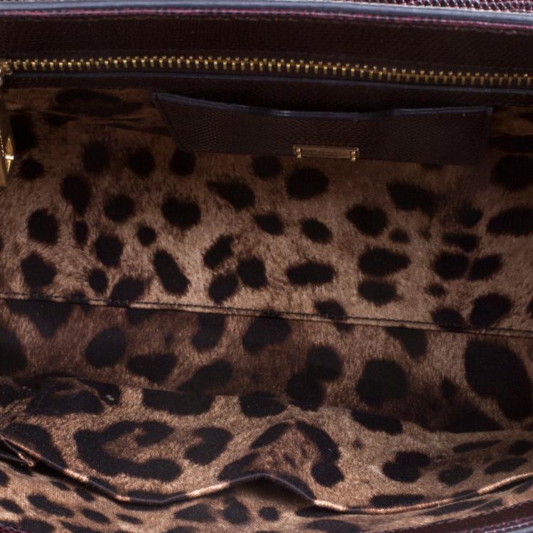 Pre Owned Dolce and Gabbana Dark Burgundy Lizard Embossed Leather Medium Miss Monica Top Handle Bag