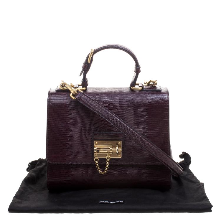 Pre Owned Dolce and Gabbana Dark Burgundy Lizard Embossed Leather Medium Miss Monica Top Handle Bag