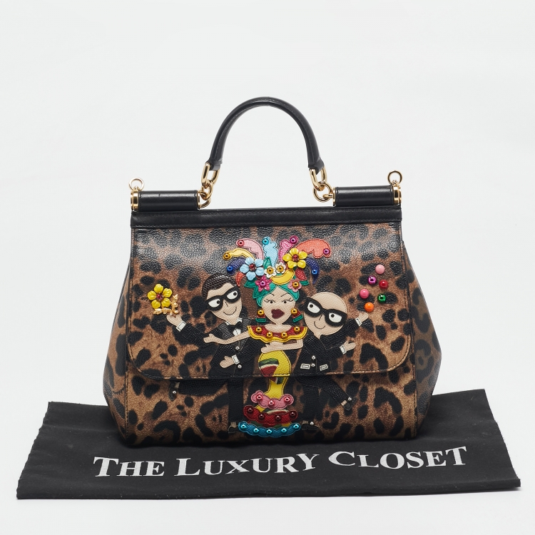 Pre Owned Dolce & Gabbana Black/Brown Coated Canvas Medium DG Family Miss Sicily Top Handle Bag