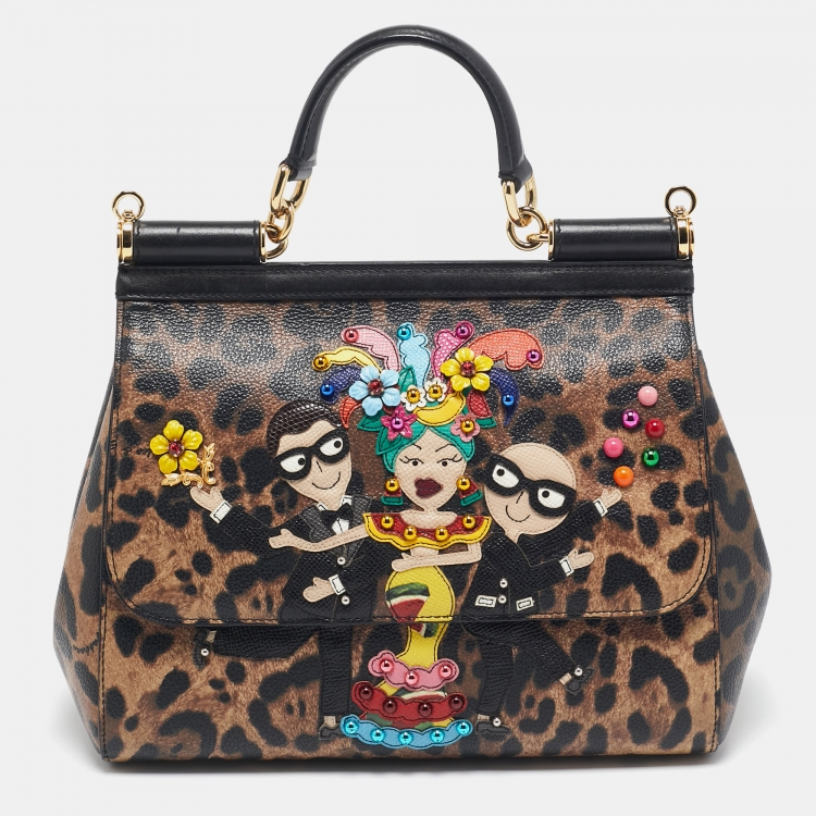 Pre Owned Dolce & Gabbana Black/Brown Coated Canvas Medium DG Family Miss Sicily Top Handle Bag