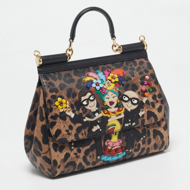 Pre Owned Dolce & Gabbana Black/Brown Coated Canvas Medium DG Family Miss Sicily Top Handle Bag