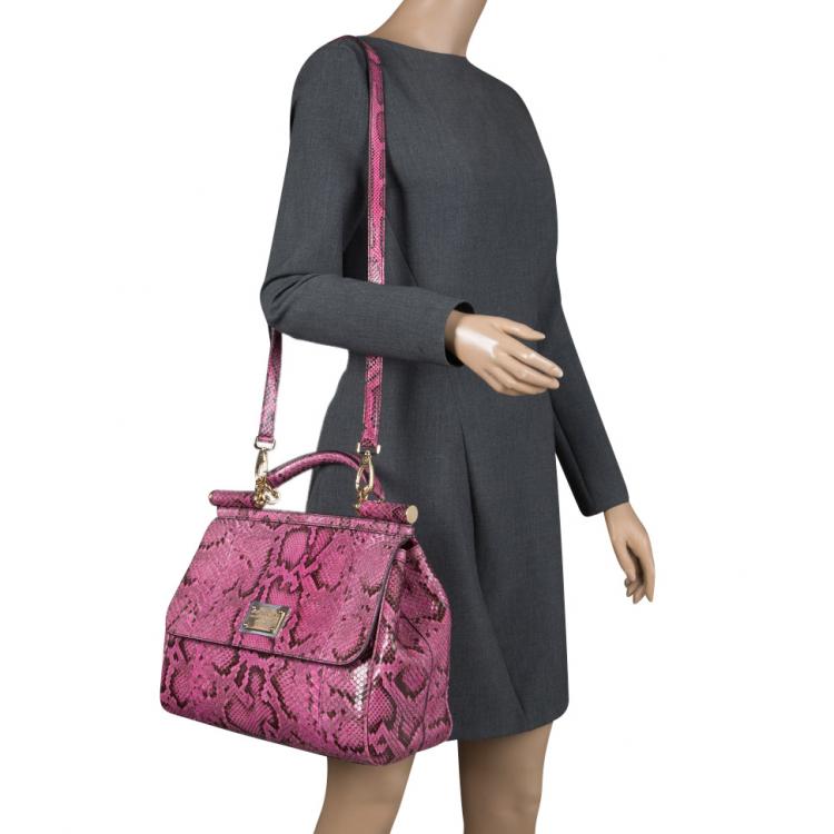 Pre Owned Dolce and Gabbana Fuschia Python Large Miss Sicily Top Handle Bag