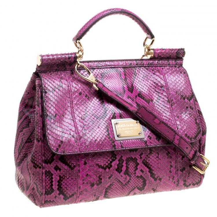 Pre Owned Dolce and Gabbana Fuschia Python Large Miss Sicily Top Handle Bag