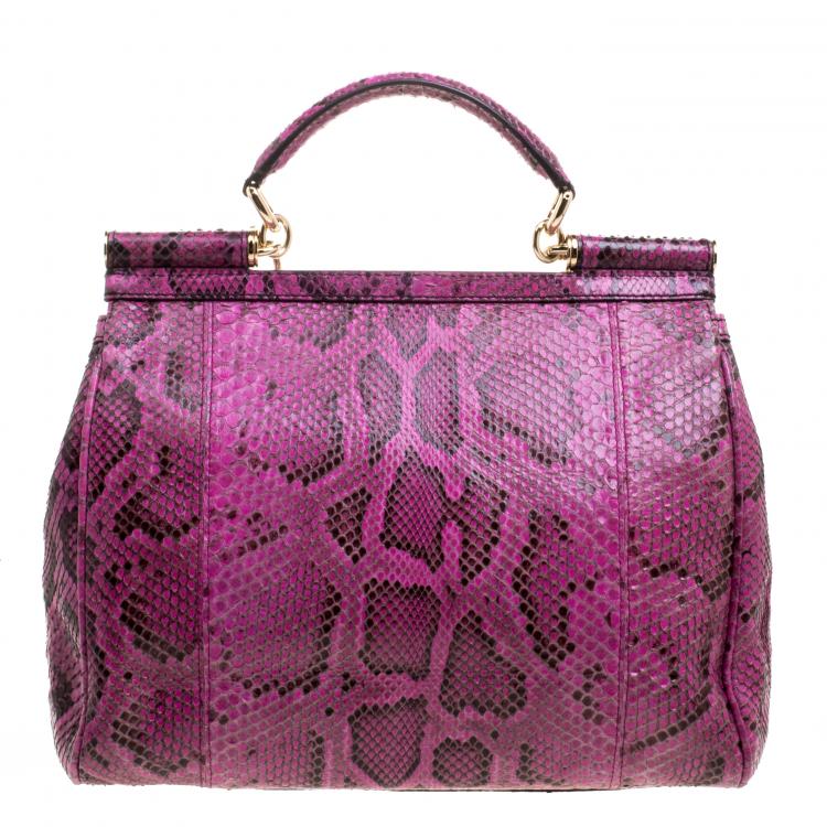 Pre Owned Dolce and Gabbana Fuschia Python Large Miss Sicily Top Handle Bag