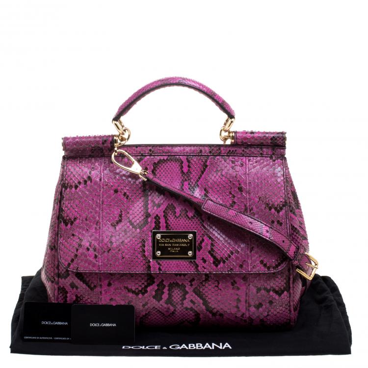 Pre Owned Dolce and Gabbana Fuschia Python Large Miss Sicily Top Handle Bag