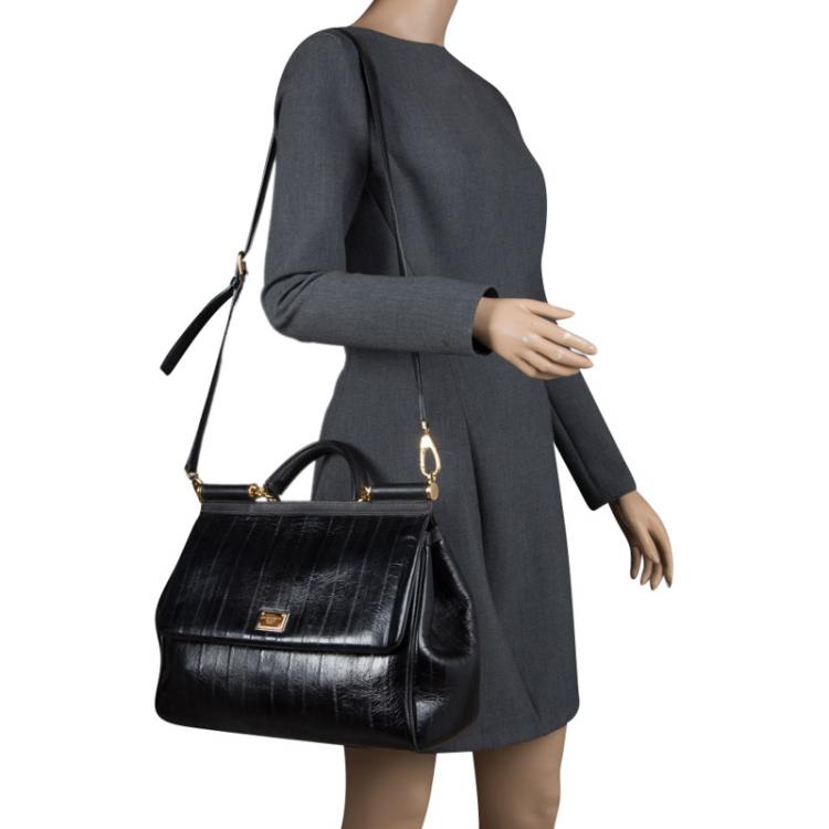 Pre Owned Dolce and Gabbana Black Striped Leather Large Miss Sicily Tote