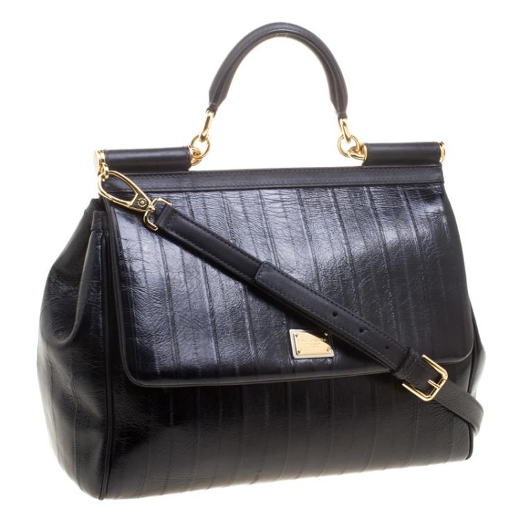 Pre Owned Dolce and Gabbana Black Striped Leather Large Miss Sicily Tote