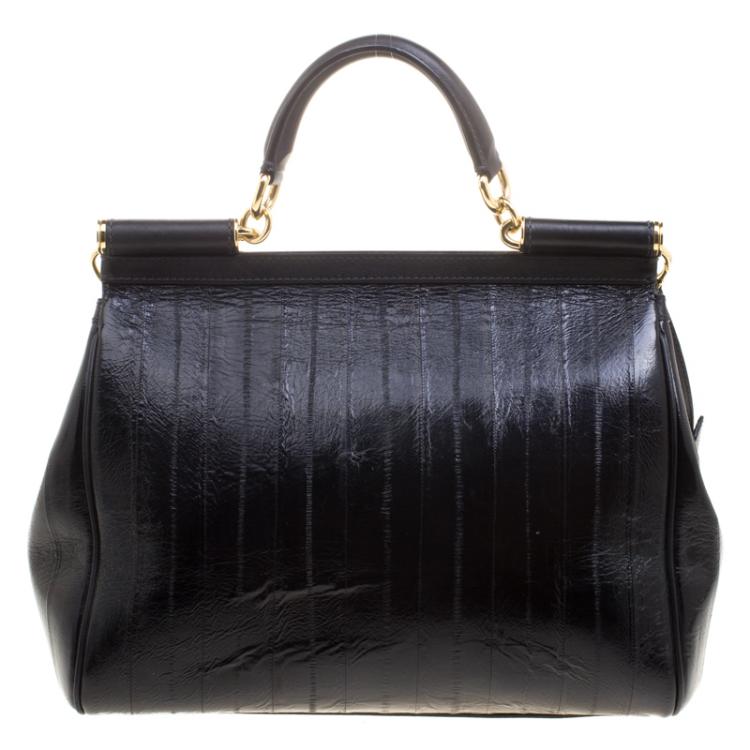 Pre Owned Dolce and Gabbana Black Striped Leather Large Miss Sicily Tote