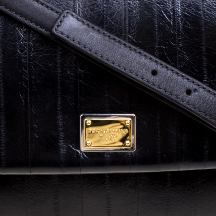 Pre Owned Dolce and Gabbana Black Striped Leather Large Miss Sicily Tote