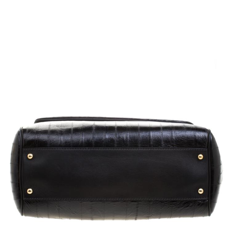 Pre Owned Dolce and Gabbana Black Striped Leather Large Miss Sicily Tote