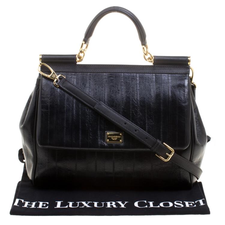 Pre Owned Dolce and Gabbana Black Striped Leather Large Miss Sicily Tote