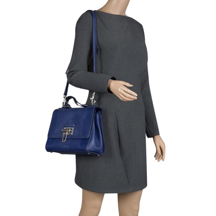 Pre Owned Dolce and Gabbana Blue Lizard Embossed Leather Medium Miss Monica Top Handle Bag
