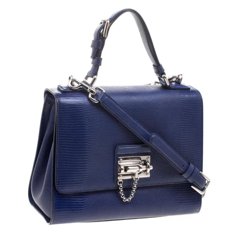 Pre Owned Dolce and Gabbana Blue Lizard Embossed Leather Medium Miss Monica Top Handle Bag